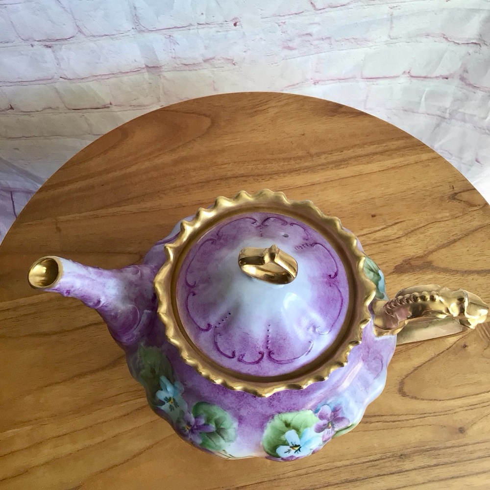 Vintage Signed Selb Bavaria Germany Purple and Blue Floral Footed Teapot - Picture 7 of 10